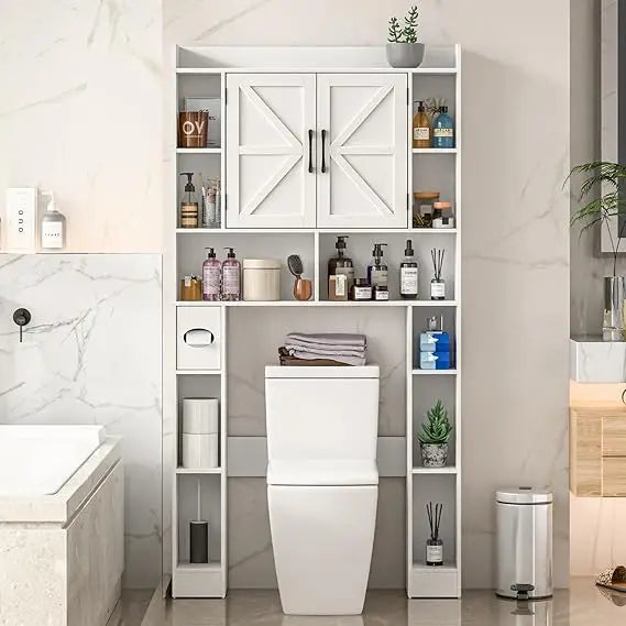 ZHIYONG Over The Toilet Storage Cabinet Farmhouse Toilet Cabinet With 3 Barn Doors Space Saving Bathroom Organizer