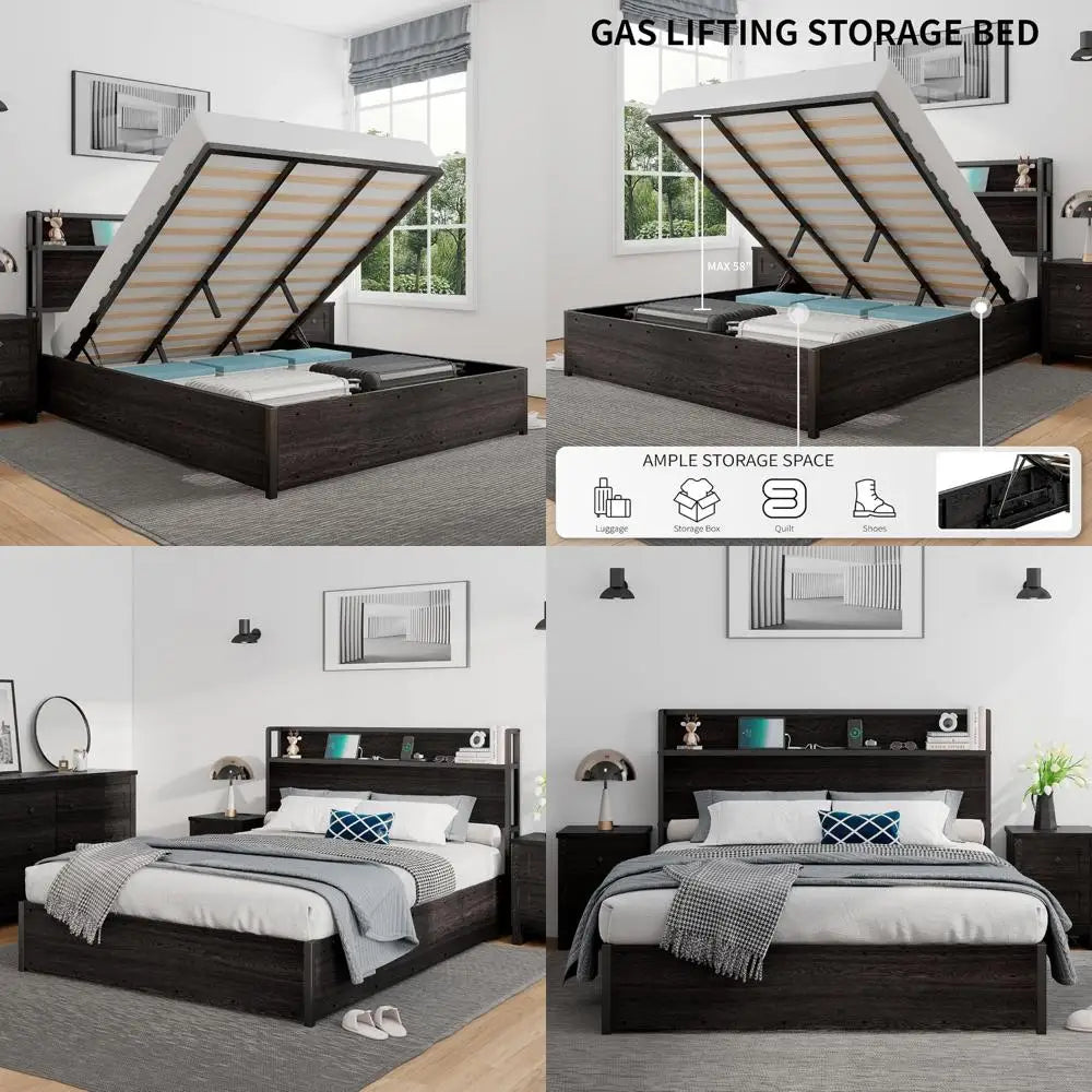 Storage Bed With Lift Platform And Charging Station Wood Headboard