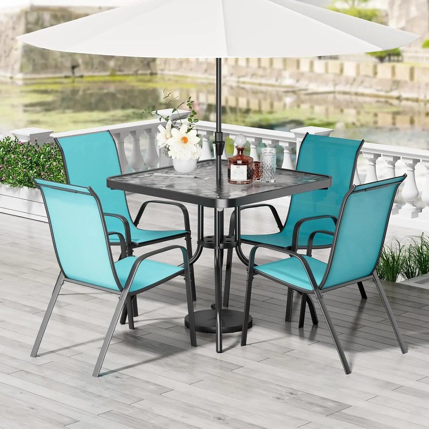 ZHUOTING Patio Dining Set 5 Pieces All Weather Outdoor Furniture With Stackable Textilene Chairs