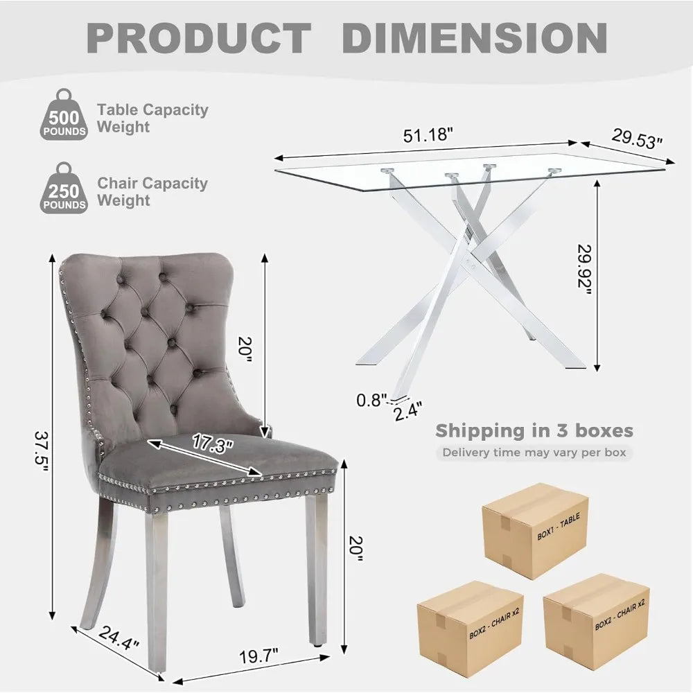 ZHUOTING Contemporary TemperedGlass DiningExperience Set For Four With Velvet Chairs