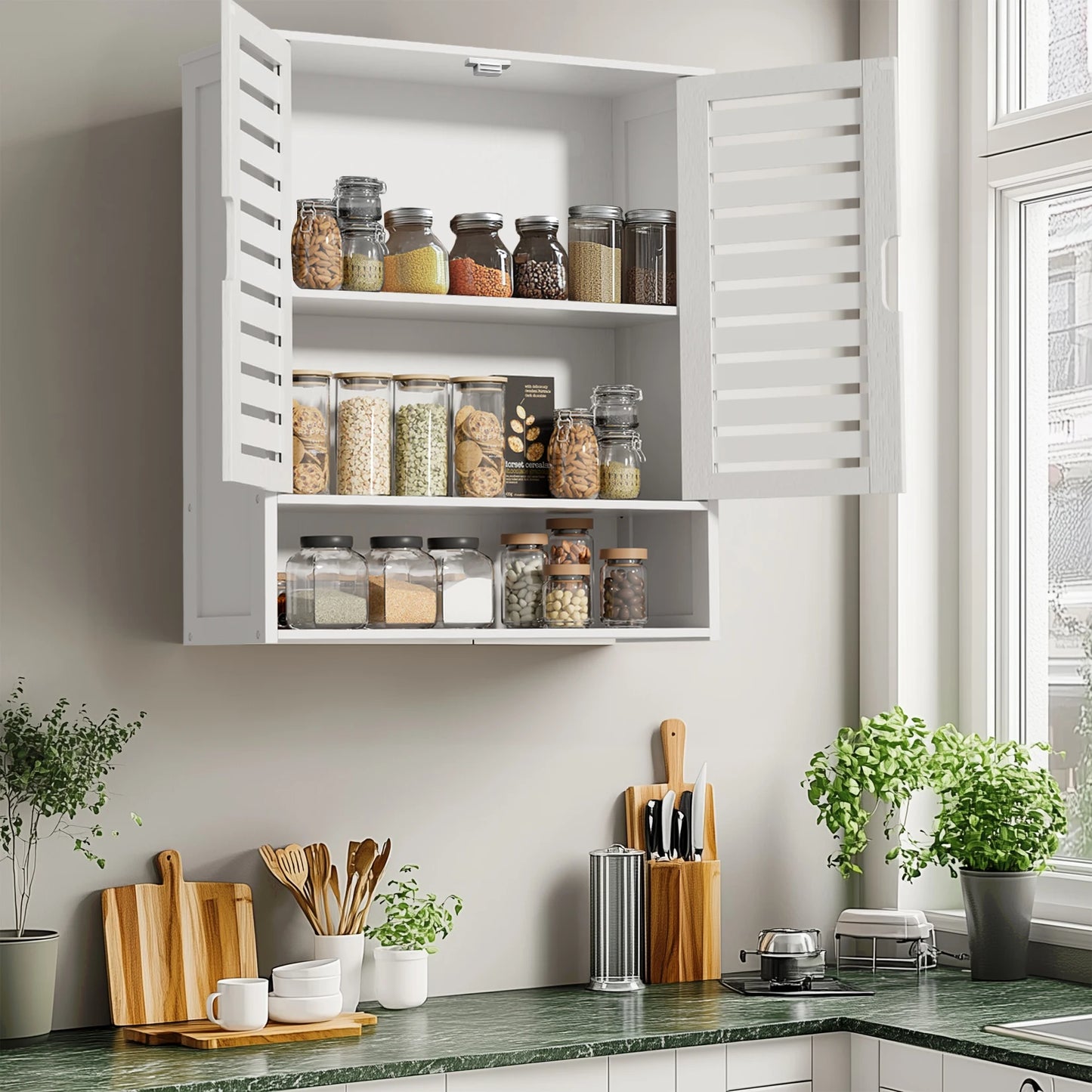 Premium Bamboo Wallmounted Cabinet Triple Tier Durable Bathroom Kitchen Organizer