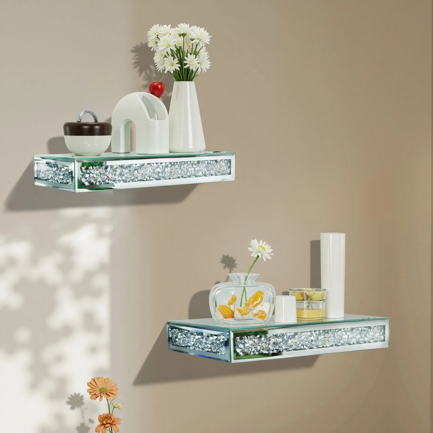 High-concerned Luxury Crushed Diamond Mirrored Wall Mounted Floating Shelf