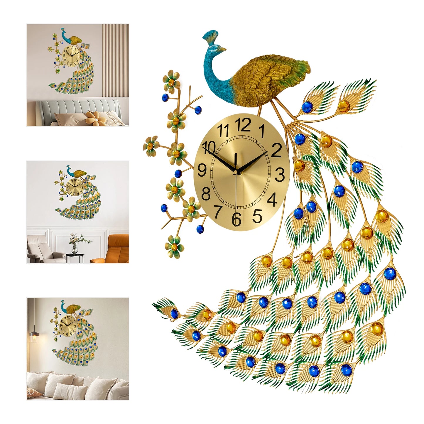 Iron Peacock Quartz Wall Clock for Living Room Decor