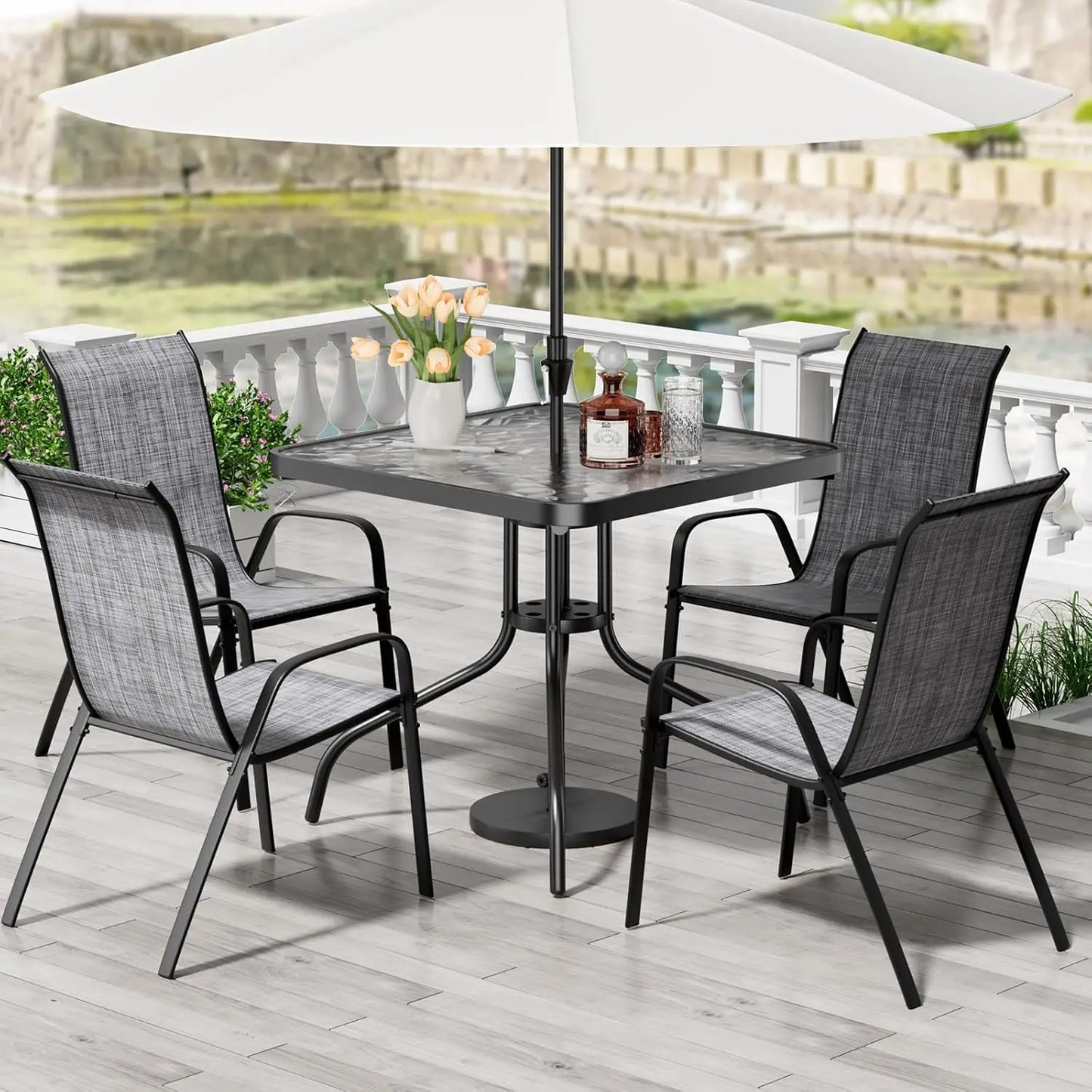 ZHUOTING Patio Dining Set 5 Pieces All Weather Outdoor Furniture With Stackable Textilene Chairs