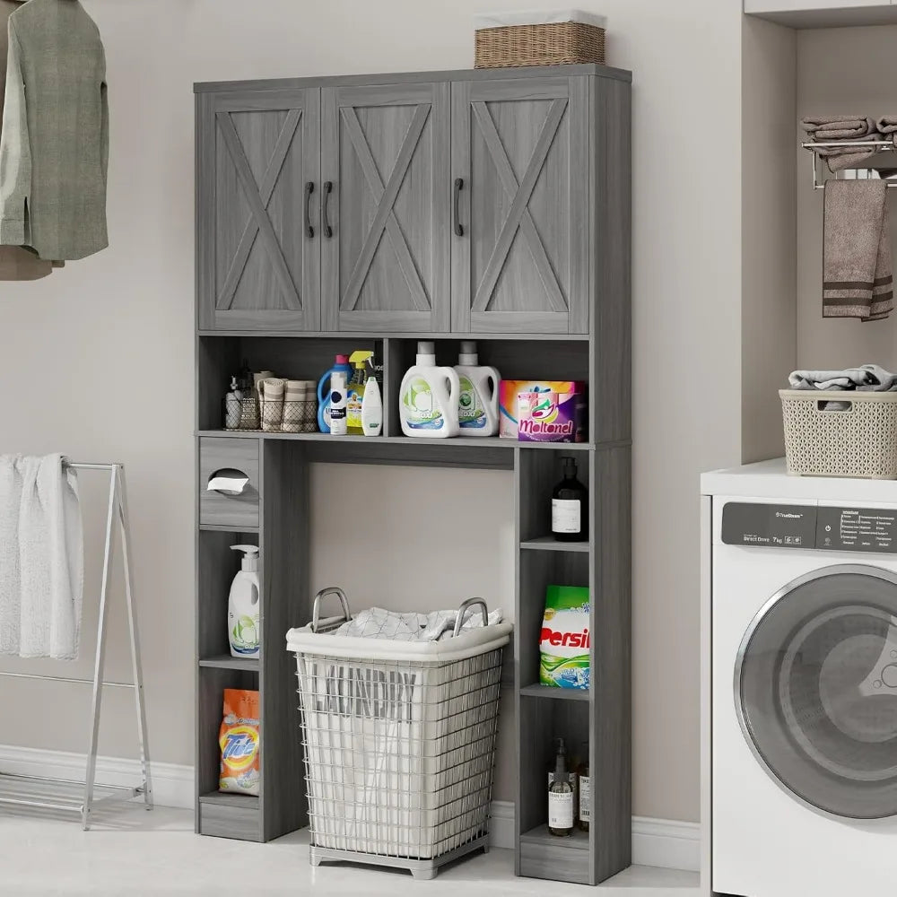 ZHIYONG Over The Toilet Storage Cabinet Farmhouse Toilet Cabinet With 3 Barn Doors Space Saving Bathroom Organizer