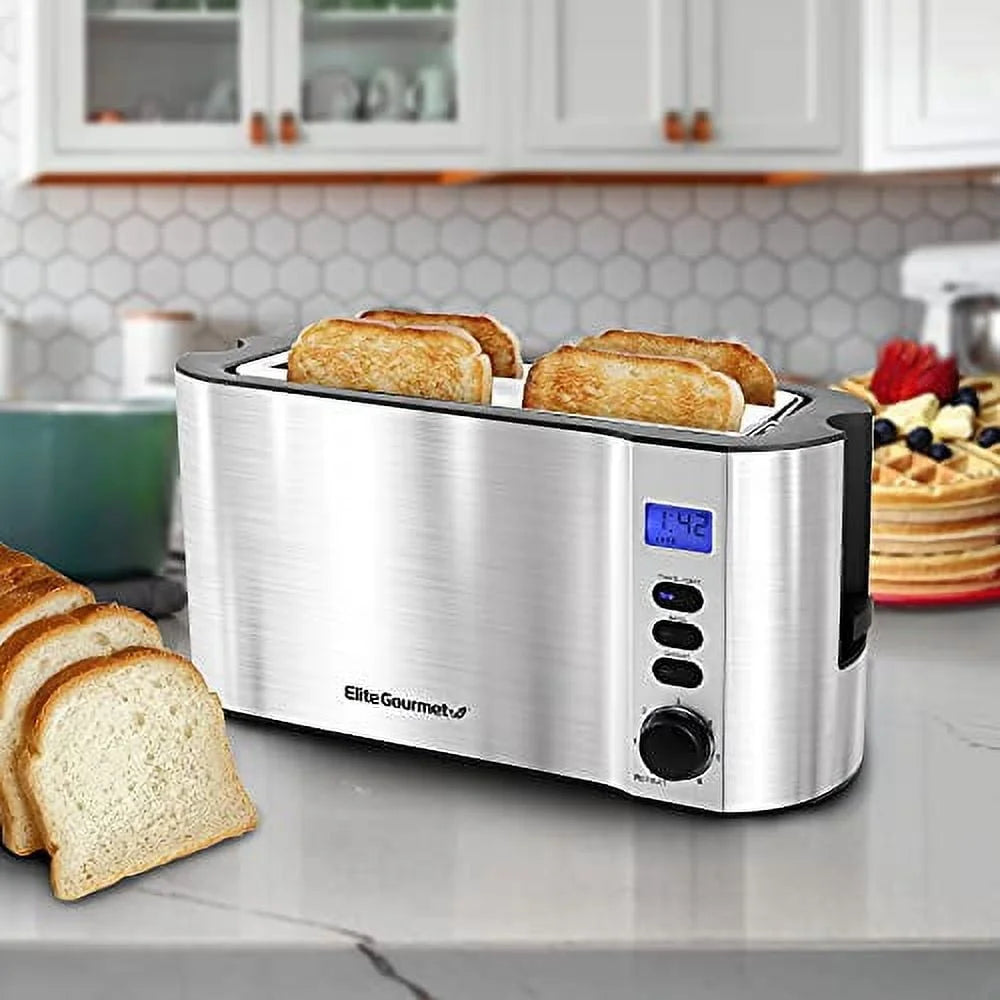 XMSJ 4 Slice Digital Stainless Steel Long Slot Toaster With LED Display Bagel Defrost Timer Auto Pop