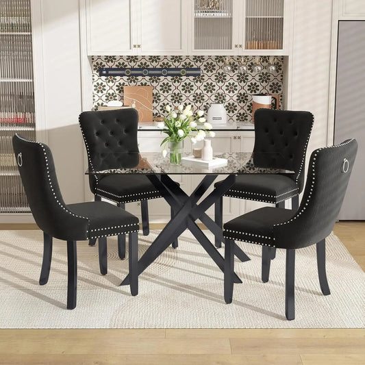 ZHUOTING Contemporary TemperedGlass DiningExperience Set For Four With Velvet Chairs