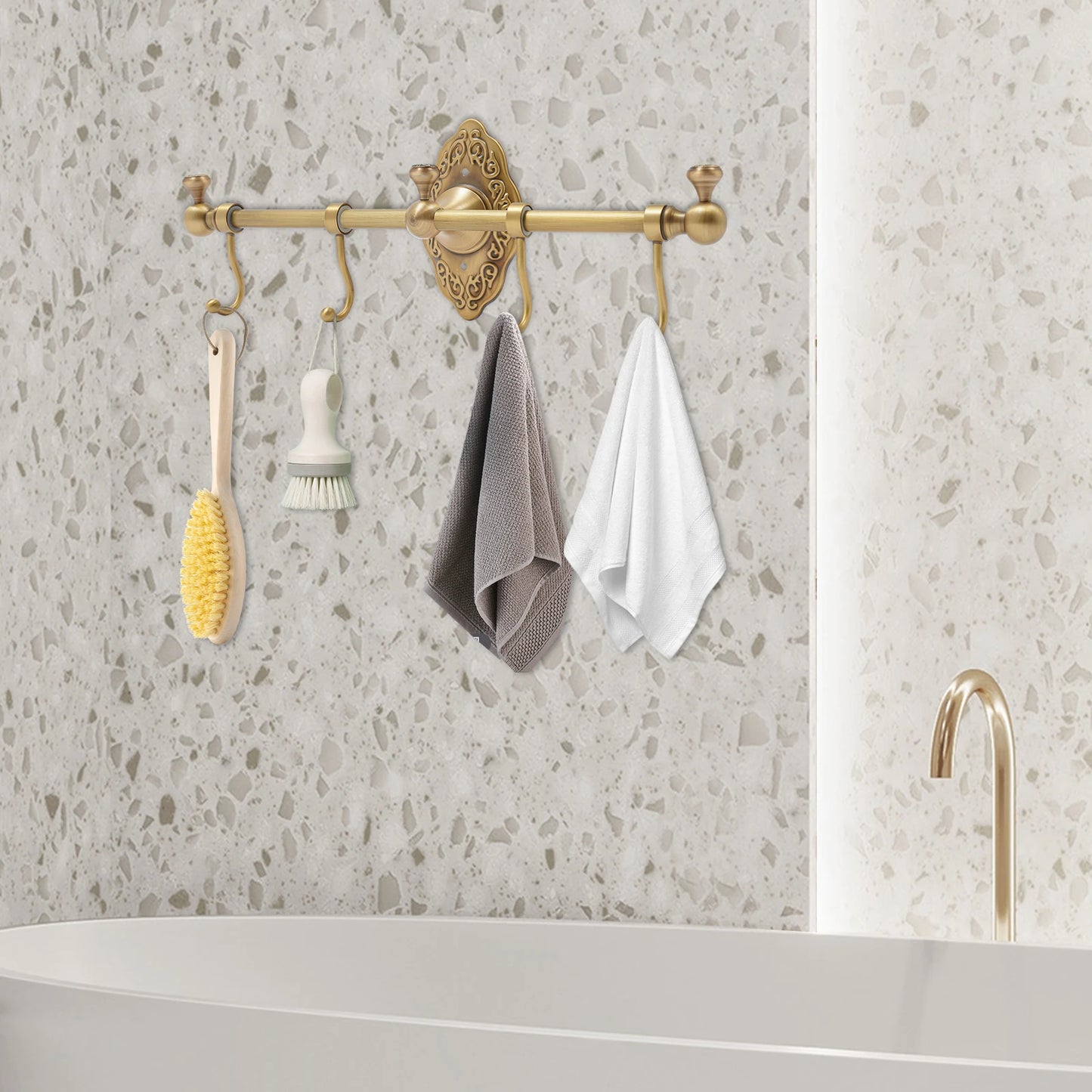 Hign Concerned Brushed Brass Wall Mounted Towel Rack With Four Hooks For Bathroom And Kitchen