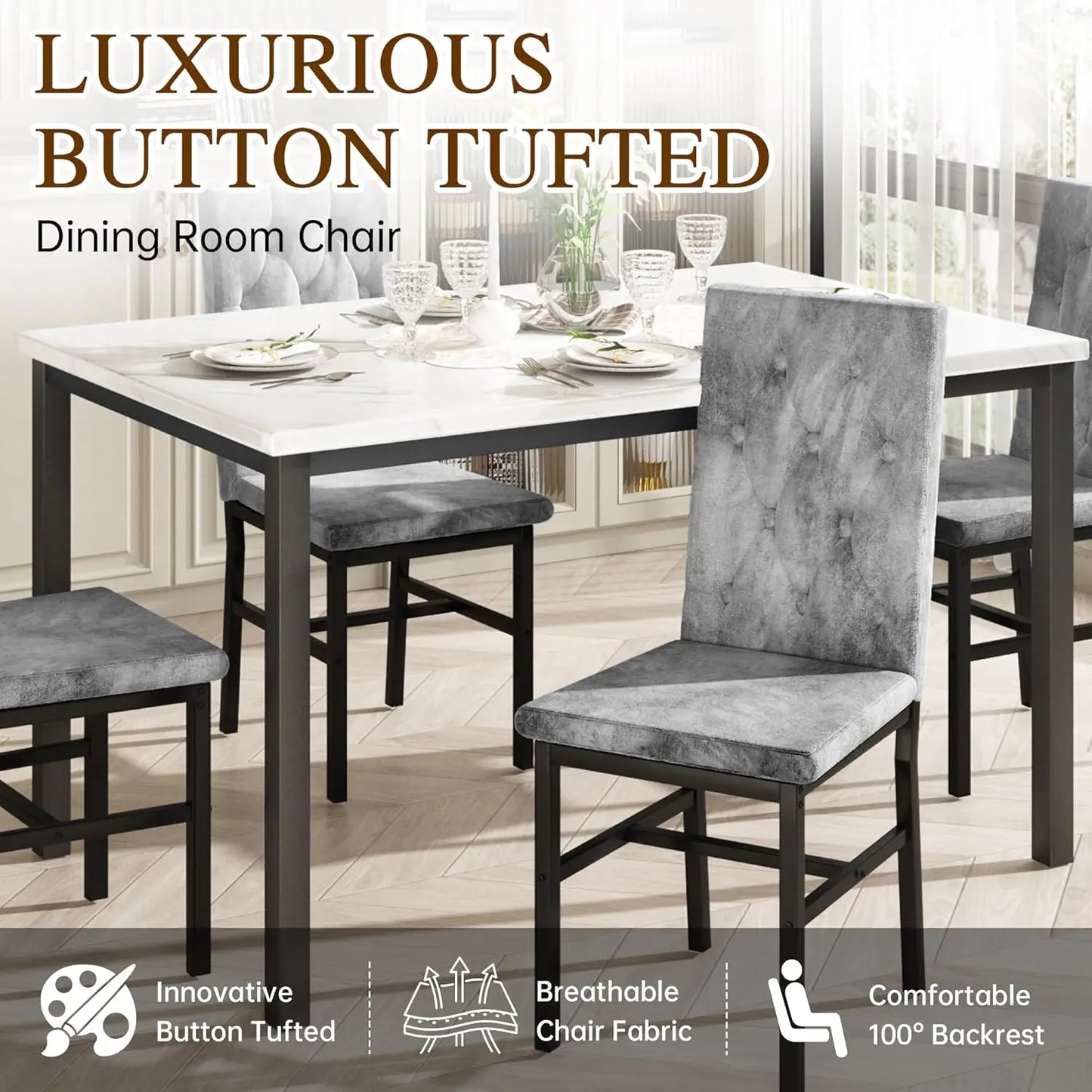 Hooseng Faux Marble Dining Table Set For 4 With Luxurious Button Tufted Chairs Collection
