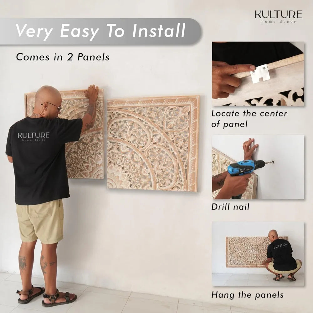 RBXCH Handcrafted PremiumHandcrafted White Washed Wood Headboard Wall Mount Carved