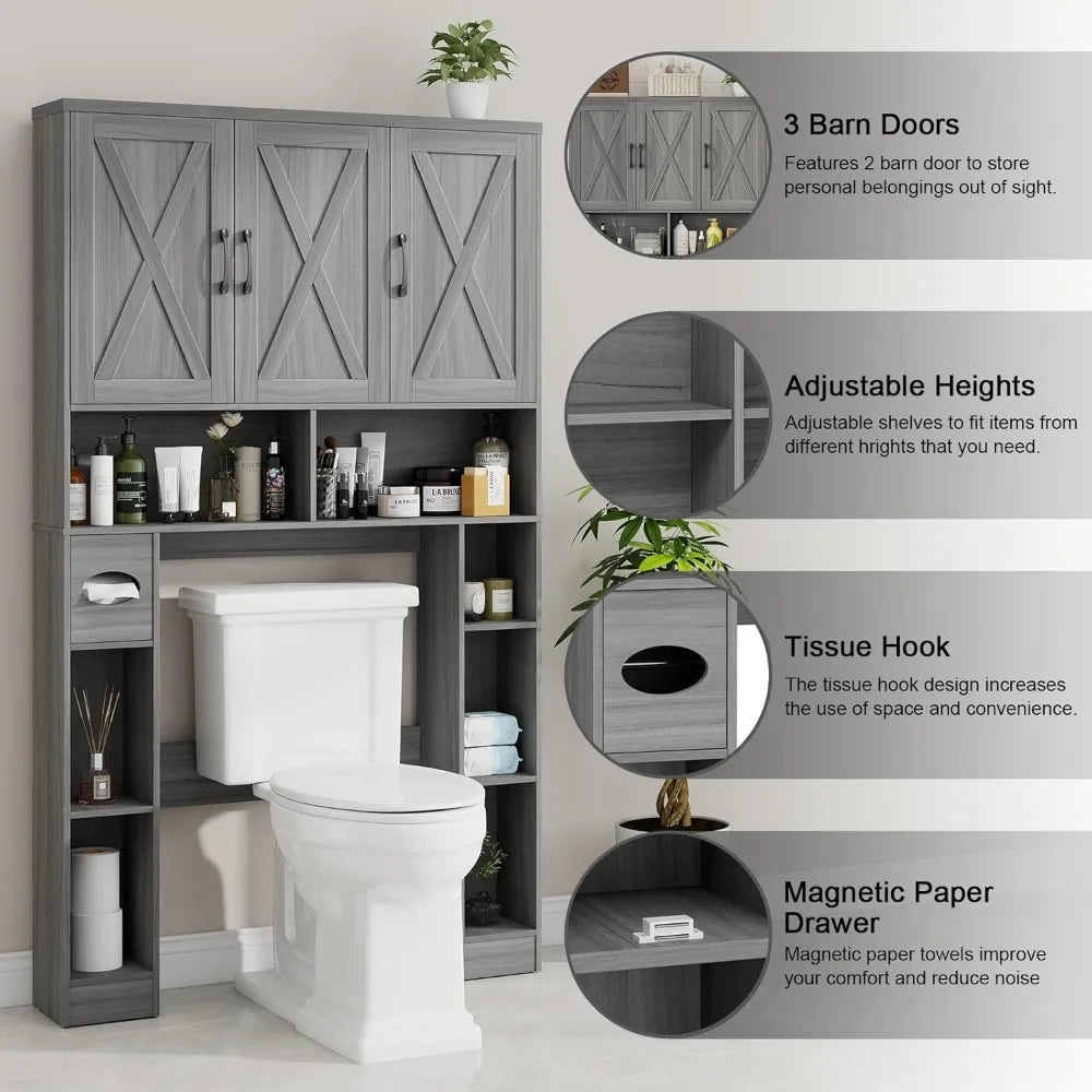 ZHIYONG Over The Toilet Storage Cabinet Farmhouse Toilet Cabinet With 3 Barn Doors Space Saving Bathroom Organizer