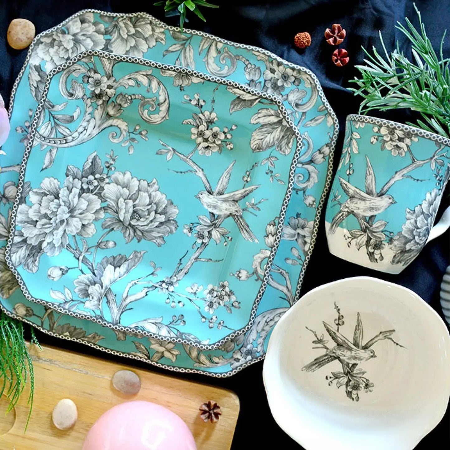 Adelaide Square Floral Dinnerware Set Service For 4