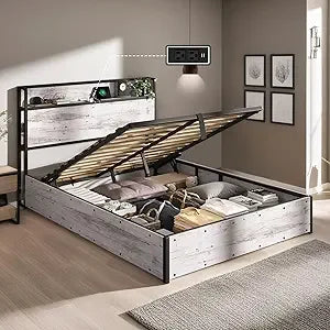 Storage Bed With Lift Platform And Charging Station Wood Headboard
