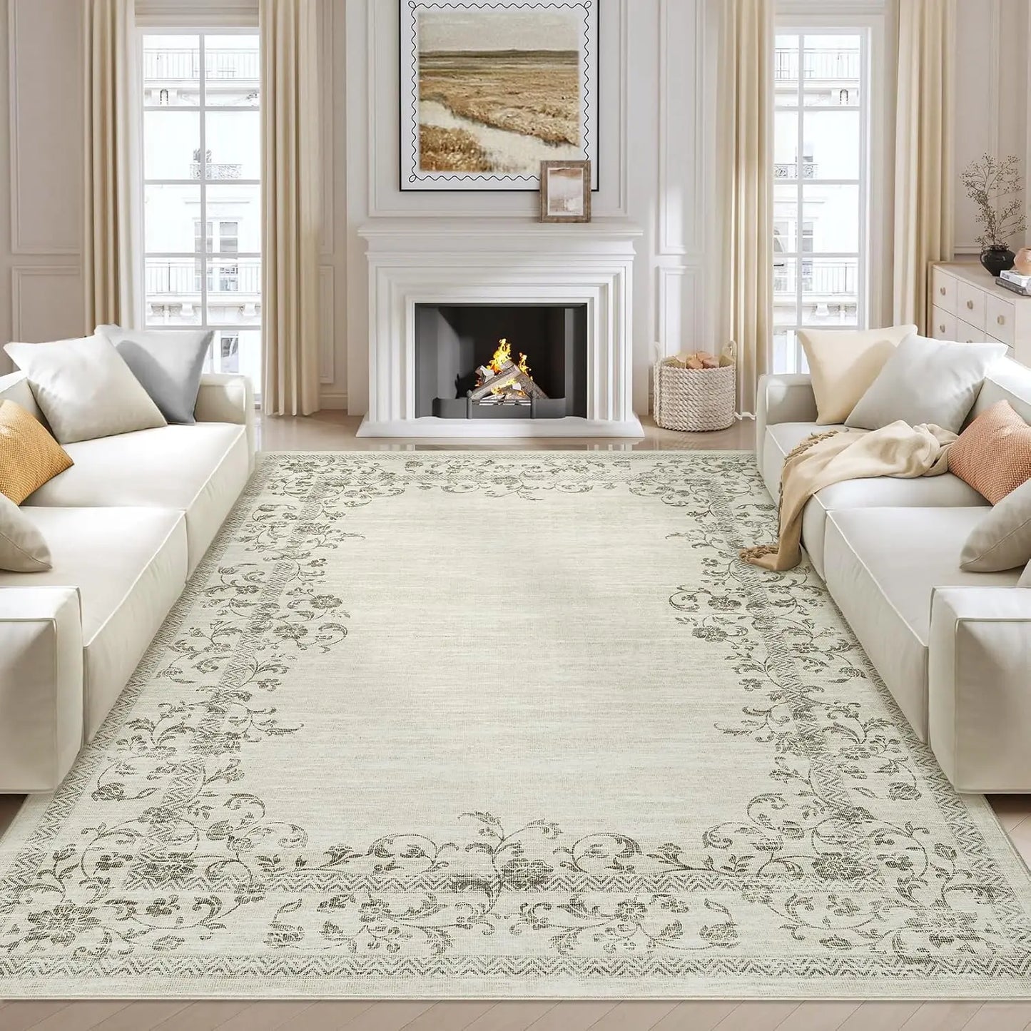 HiMISS Floral Border Washable Area Rug For Living Room