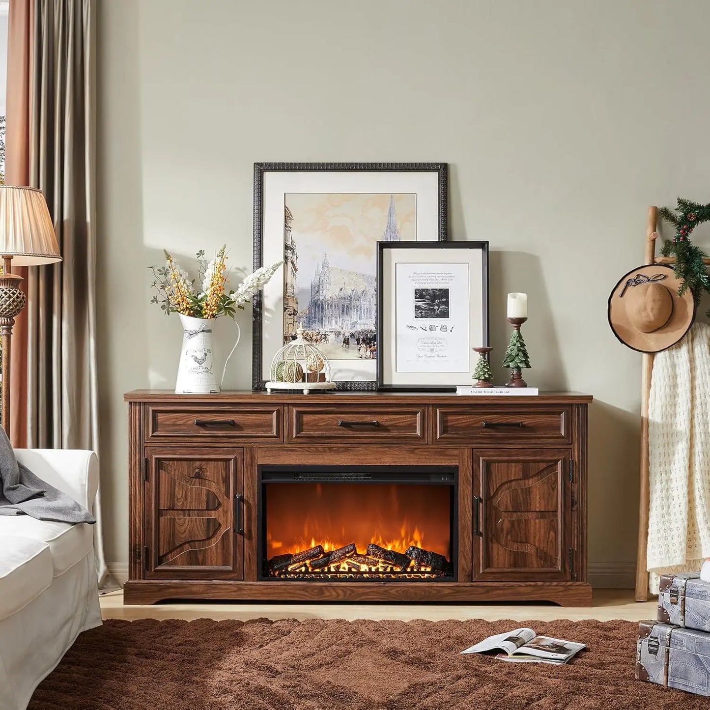 General Farmhouse TV Stand With Exquisitely MasterfullyCrafted Electric Fireplace Storage