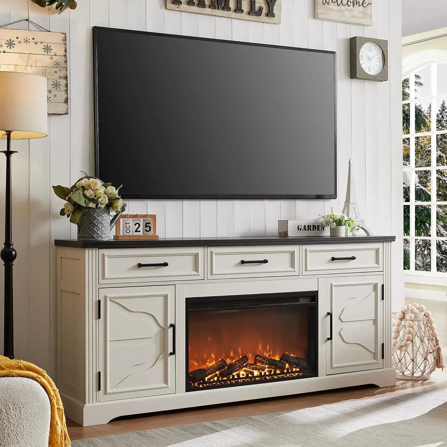General Farmhouse TV Stand With Exquisitely MasterfullyCrafted Electric Fireplace Storage