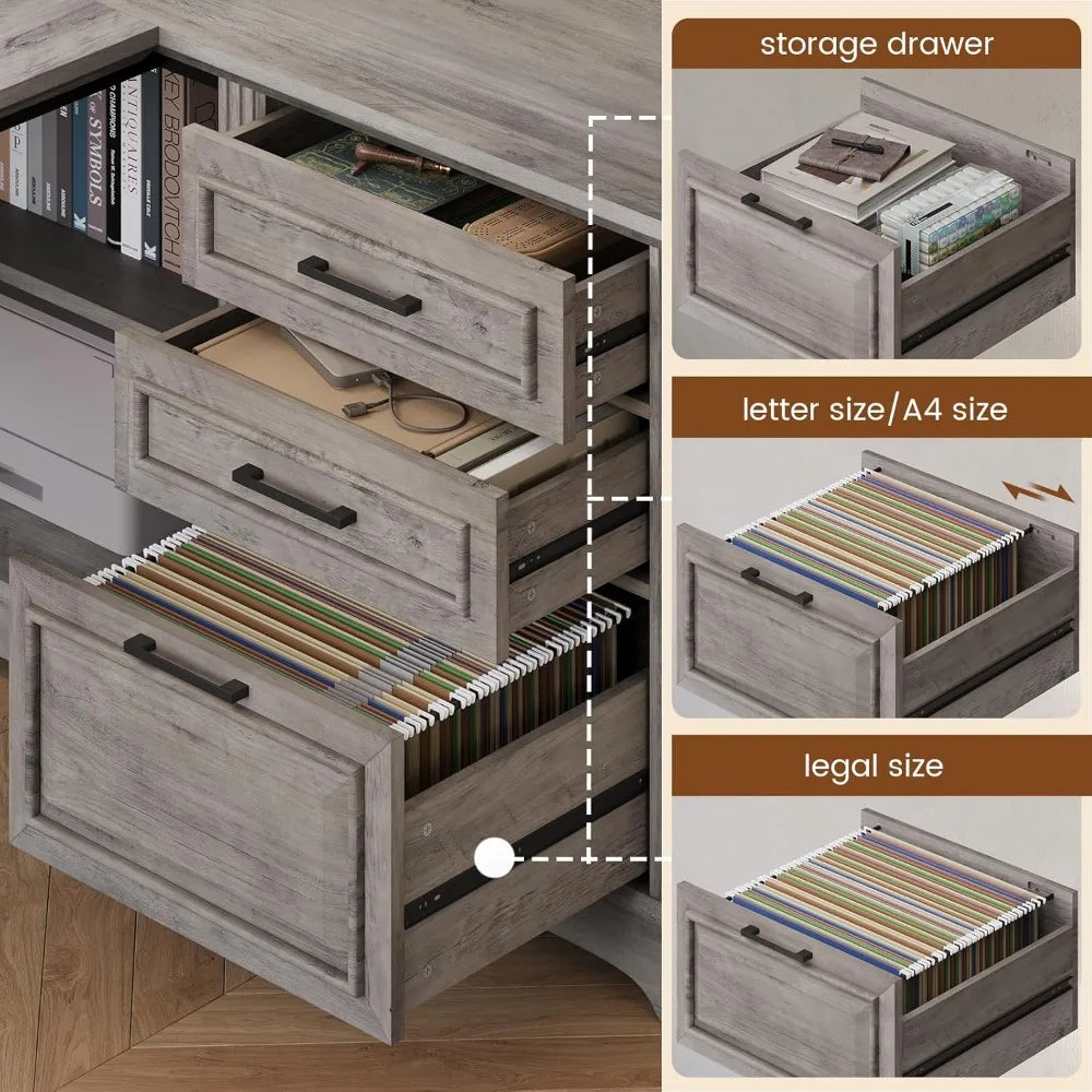 L-Shaped Executive Office Desk With File Storage And Power Outlets