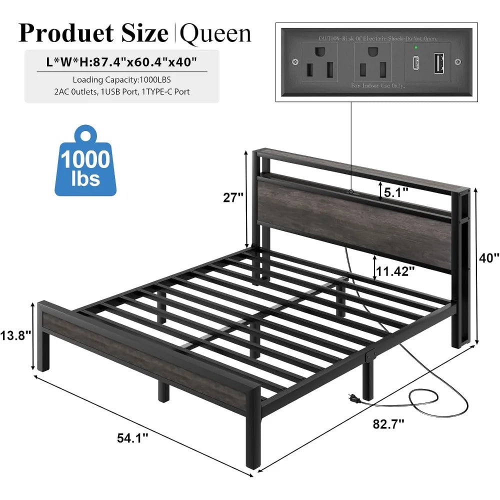 Industrial Style Bed Frame With Storage Headboard LED Lighting Charging Station