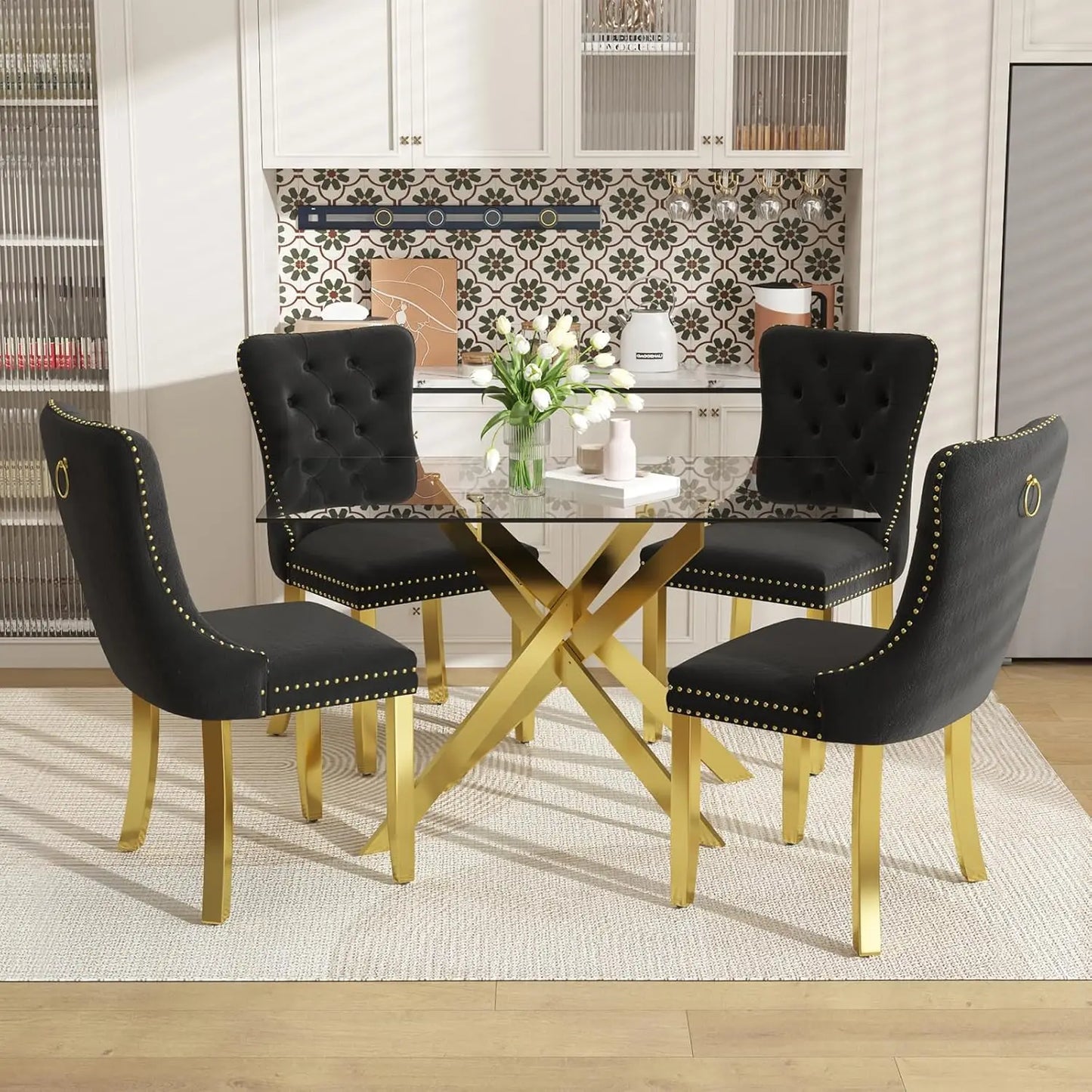 ZHUOTING Contemporary TemperedGlass DiningExperience Set For Four With Velvet Chairs