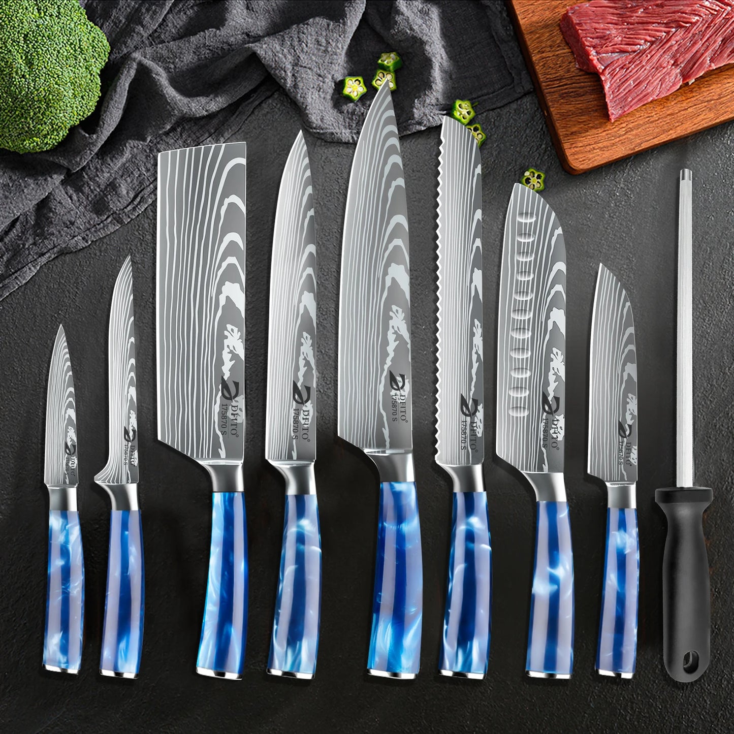 MDHAND EightPieceChefKnifeSet StainlessSteelKnives SantokuBoning CleaverMeatFruitBread KnifeWithCover DurableEdge