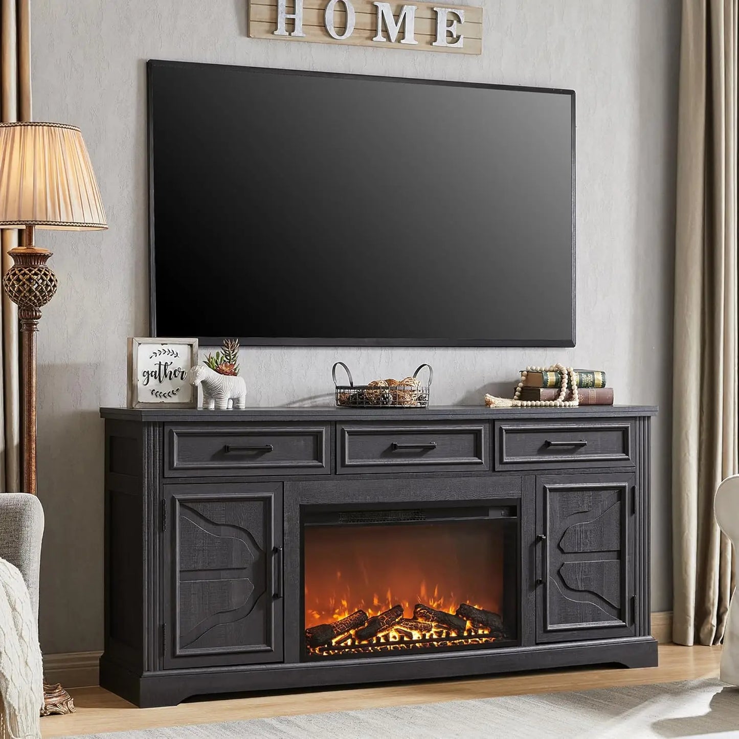 General Farmhouse TV Stand With Exquisitely MasterfullyCrafted Electric Fireplace Storage
