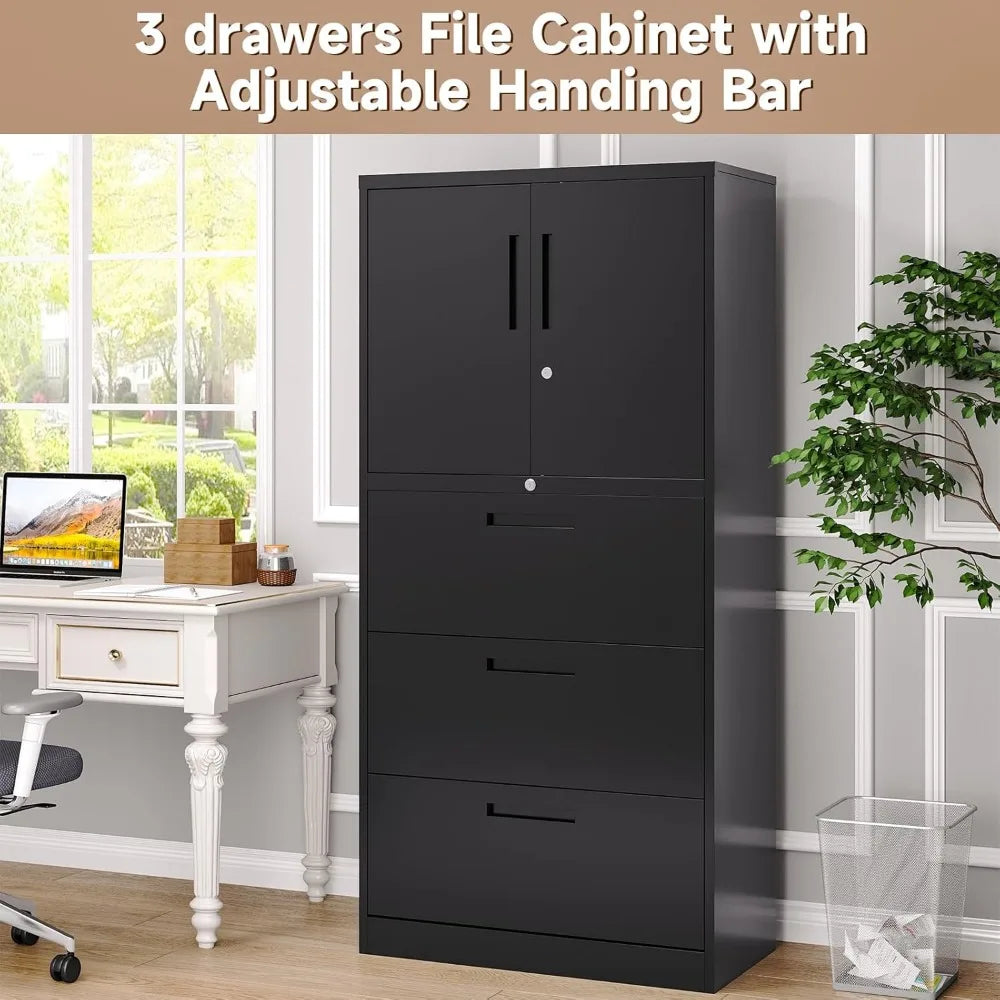CommercialGrade Metal Lateral File Cabinet With 3 Drawers Lockable OfficeStorage