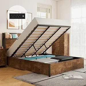 Storage Bed With Lift Platform And Charging Station Wood Headboard