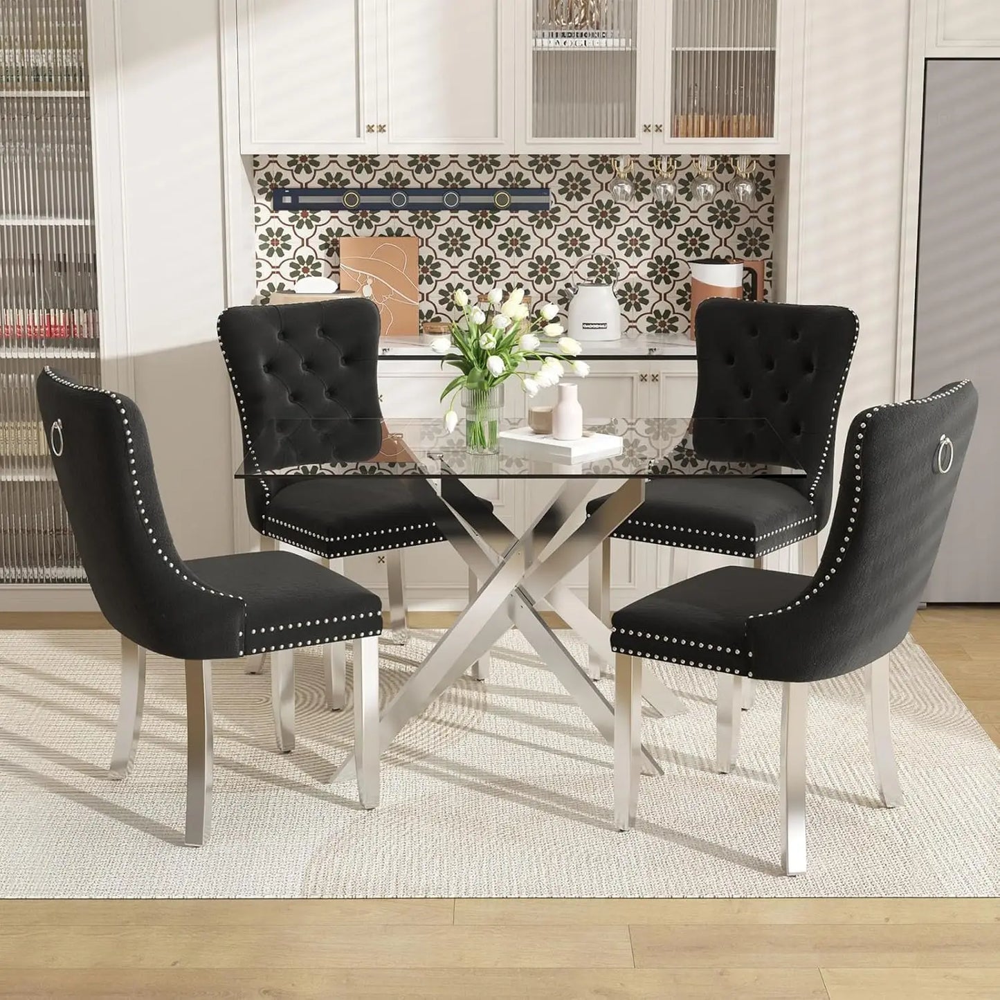 ZHUOTING Contemporary TemperedGlass DiningExperience Set For Four With Velvet Chairs