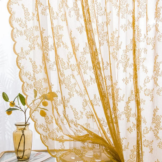 Lace Voile Window Curtain Panels With Floral Embroidery Sheer Pair