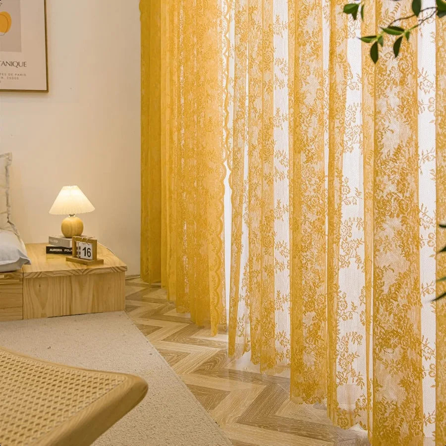 Lace Voile Window Curtain Panels With Floral Embroidery Sheer Pair