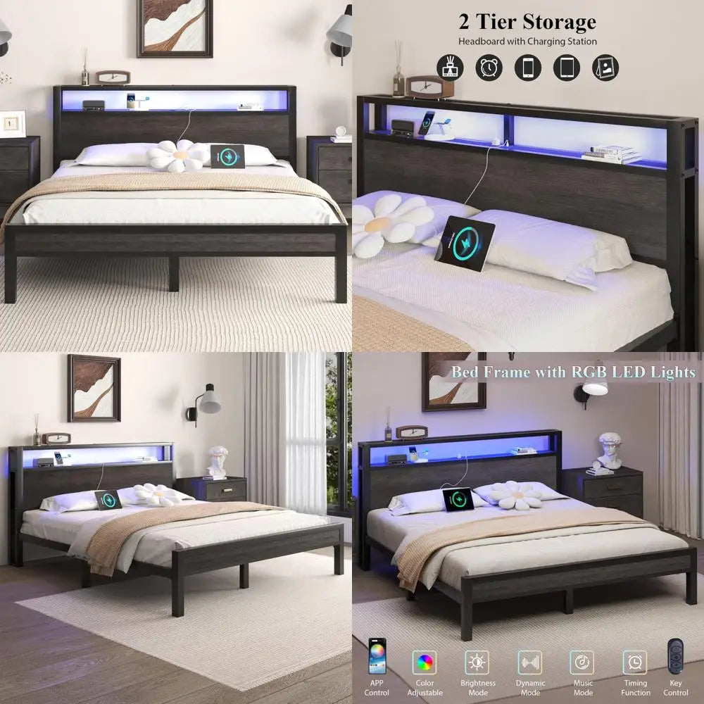 Industrial Style Bed Frame With Storage Headboard LED Lighting Charging Station