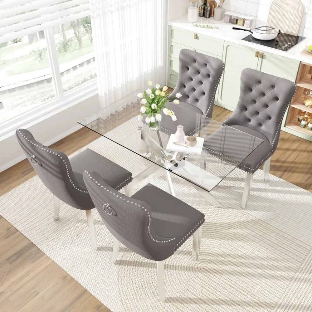 ZHUOTING Contemporary TemperedGlass DiningExperience Set For Four With Velvet Chairs