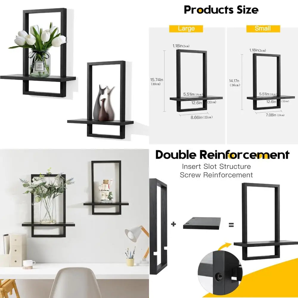 Square Floating Shelves,Wall Plants Holder,Bathroom Wall Decor,Framed Decorative Shelf Black,Modern Chic Set of 2 for Living Ro