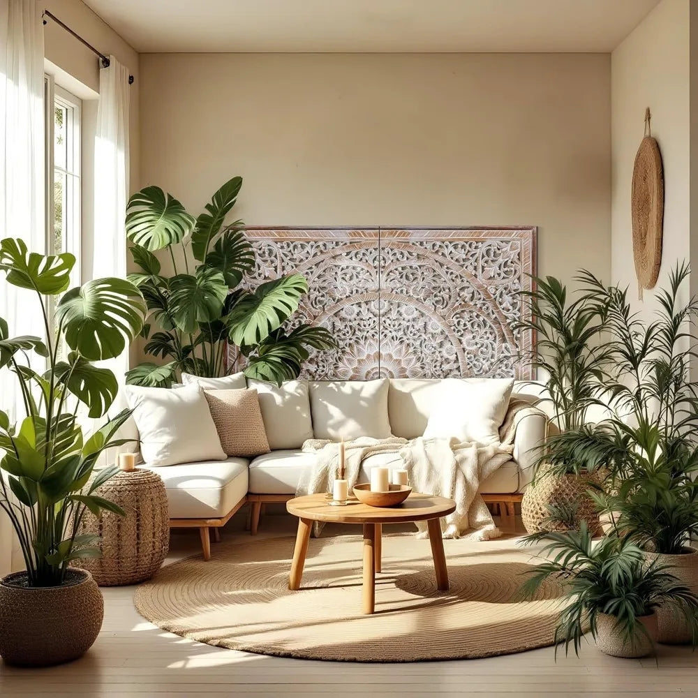 RBXCH Handcrafted PremiumHandcrafted White Washed Wood Headboard Wall Mount Carved