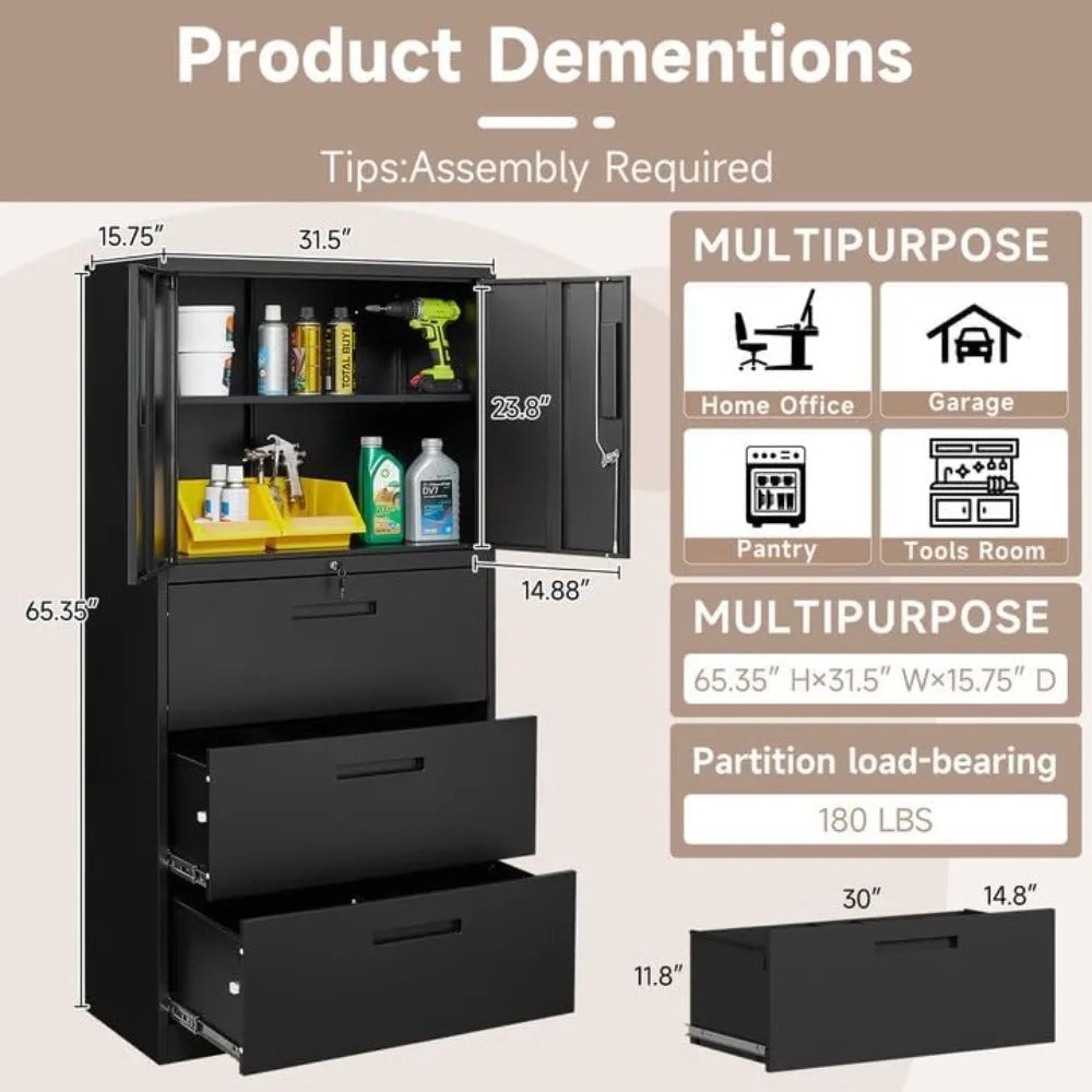 CommercialGrade Metal Lateral File Cabinet With 3 Drawers Lockable OfficeStorage