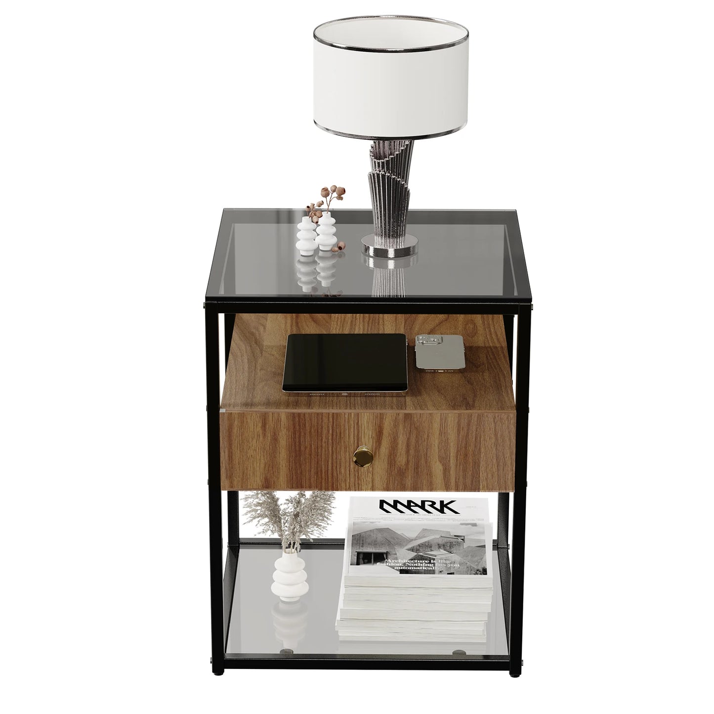 Drawer Tempered Glass Nightstand With Drawer And Shelf