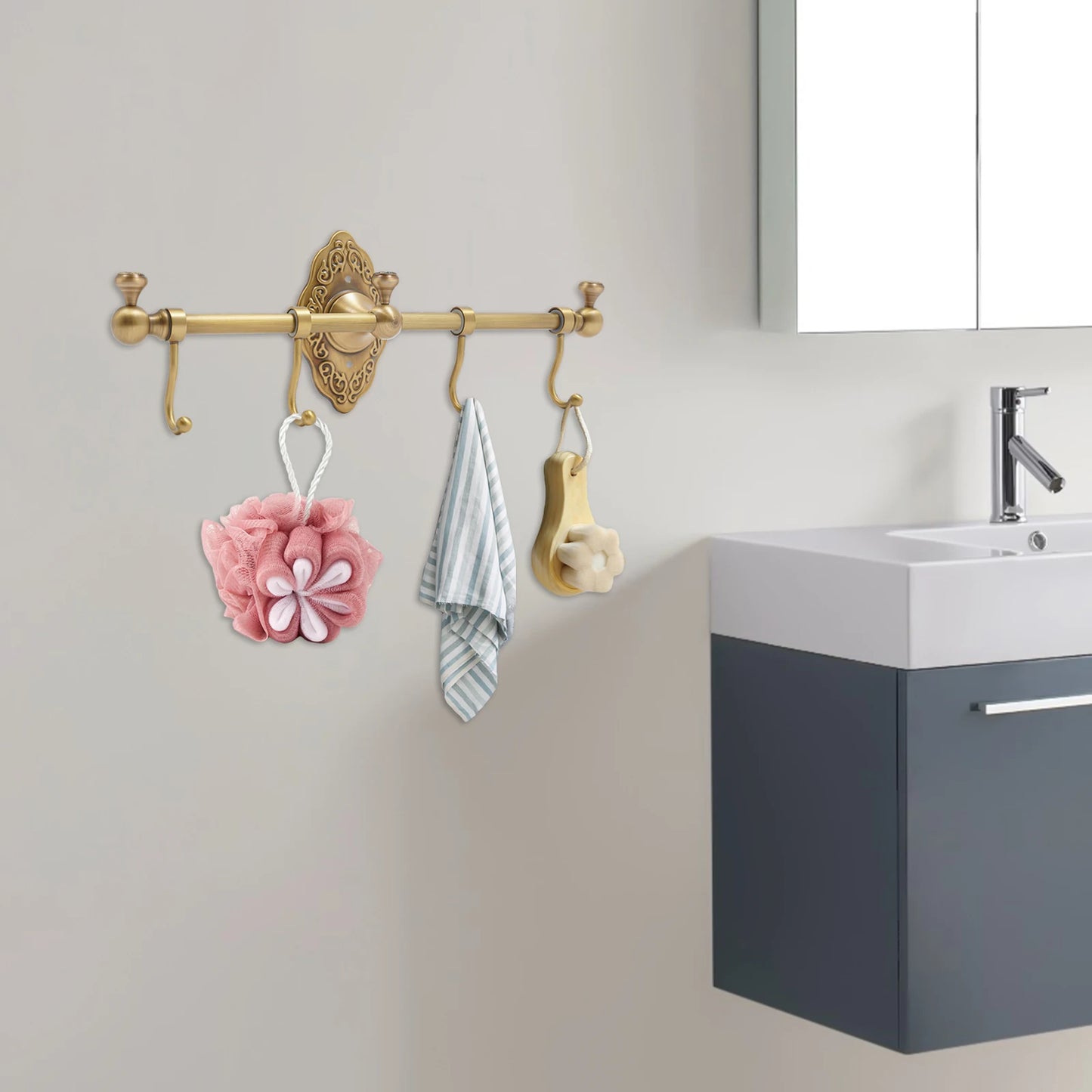 Hign Concerned Brushed Brass Wall Mounted Towel Rack With Four Hooks For Bathroom And Kitchen