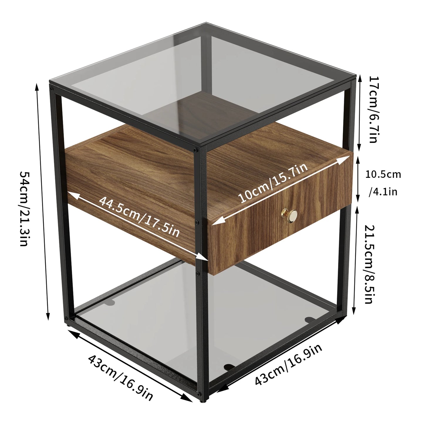 Drawer Tempered Glass Nightstand With Drawer And Shelf