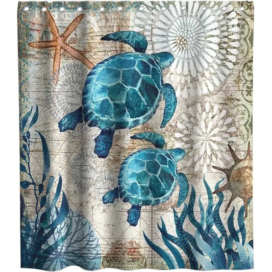 Nautical Sea Turtles Fabric Shower Curtain Set With Grommets
