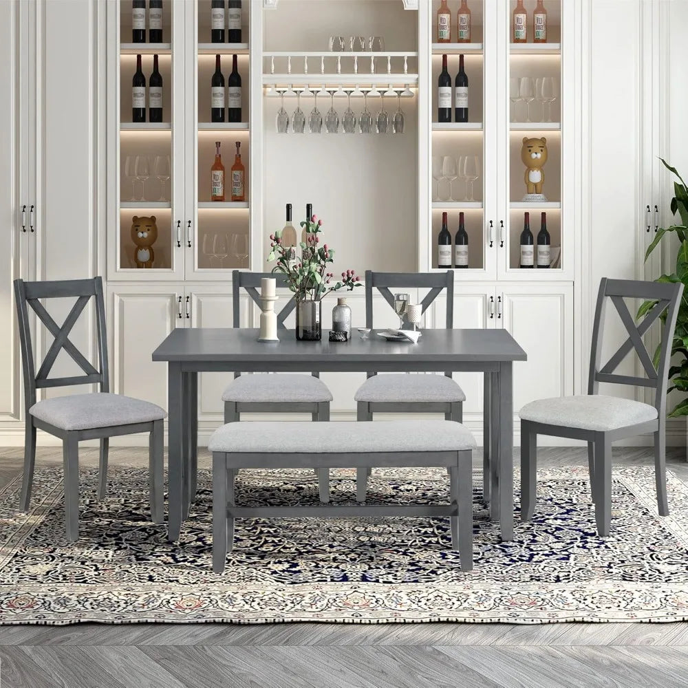 MKDK Rustic Farmhouse Foldable Dining Table Set With Upholstered Chairs And Bench Solid Wood