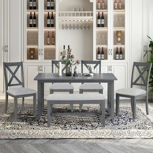 MKDK Rustic Farmhouse Foldable Dining Table Set With Upholstered Chairs And Bench Solid Wood