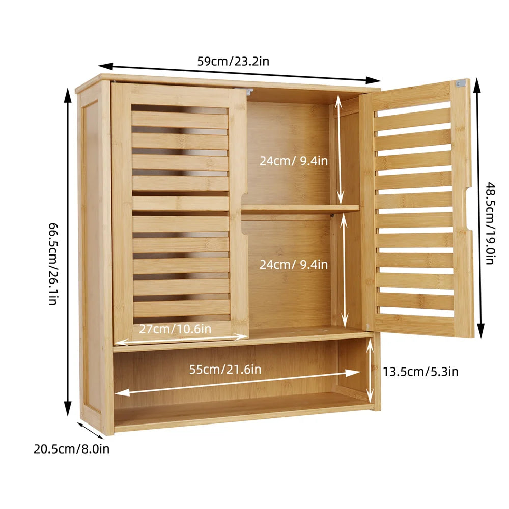 Premium Bamboo Wallmounted Cabinet Triple Tier Durable Bathroom Kitchen Organizer