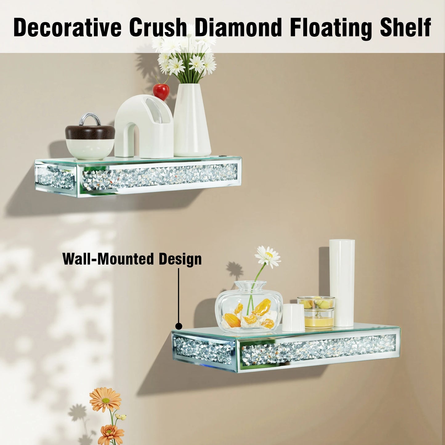 High-concerned Luxury Crushed Diamond Mirrored Wall Mounted Floating Shelf