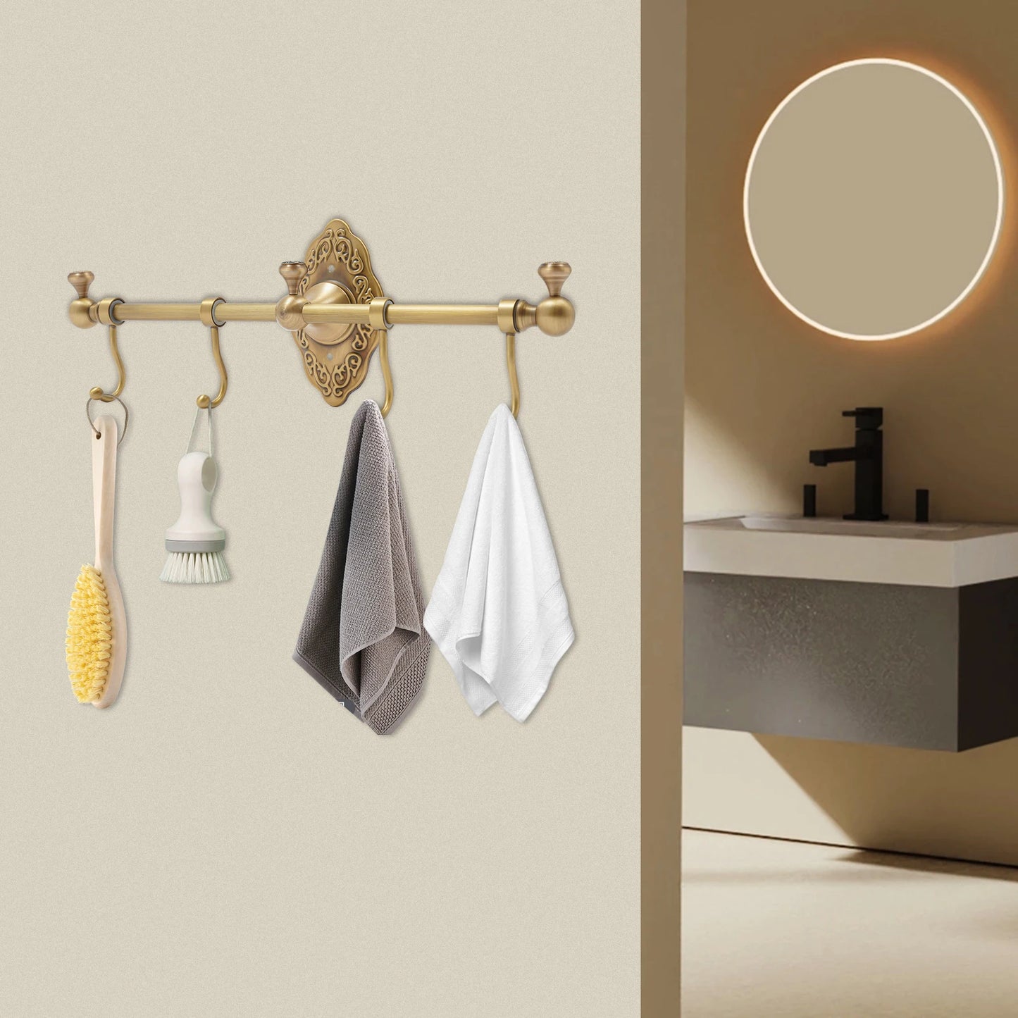 Hign Concerned Brushed Brass Wall Mounted Towel Rack With Four Hooks For Bathroom And Kitchen