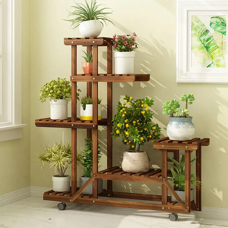BINGOPAW 6-Tier Wooden Plant Stand With Wheels Rolling Display Shelf