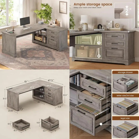 L-Shaped Executive Office Desk With File Storage And Power Outlets