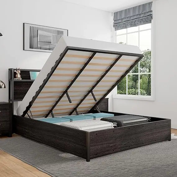 Storage Bed With Lift Platform And Charging Station Wood Headboard