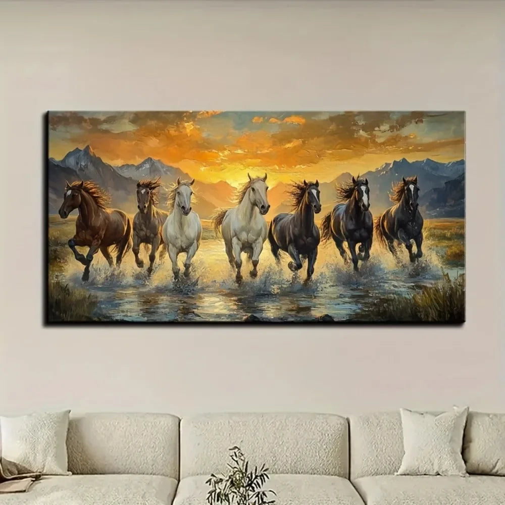 Hign-concerned Seven Horse Feng Shui Canvas Wall Art Pine Frame