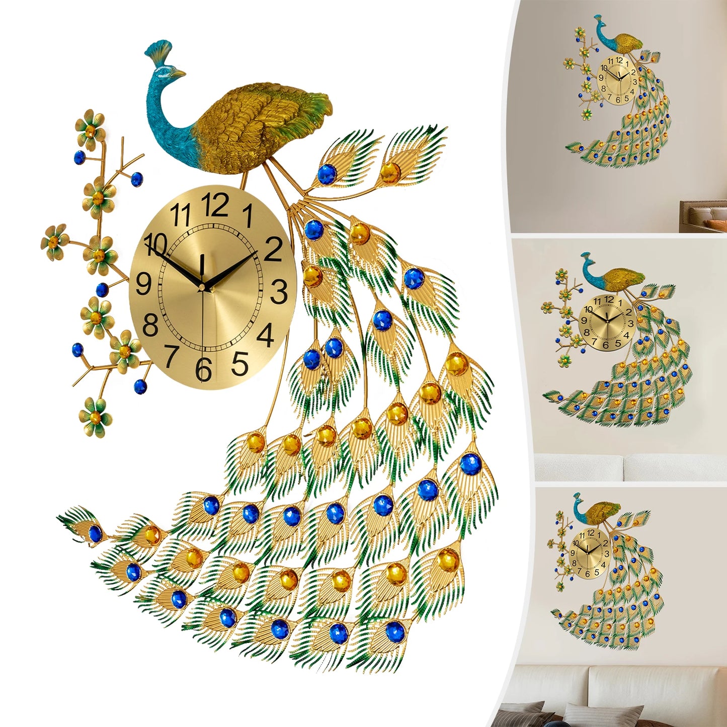 Iron Peacock Quartz Wall Clock for Living Room Decor
