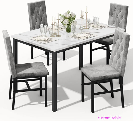 Hooseng Faux Marble Dining Table Set For 4 With Luxurious Button Tufted Chairs Collection